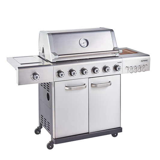 Jupiter 6 Burner Hybrid BBQ with Chopping Board – Stainless Steel