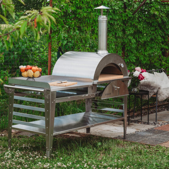 GrillSymbol Wood Fired Pizza Oven with Stand and Side Table