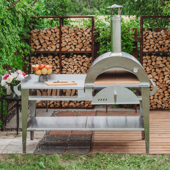 GrillSymbol Wood Fired Pizza Oven with Stand and Side Table