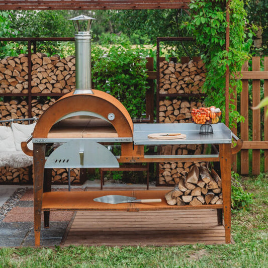 GrillSymbol Wood Fired Pizza Oven with Stand and Side Table